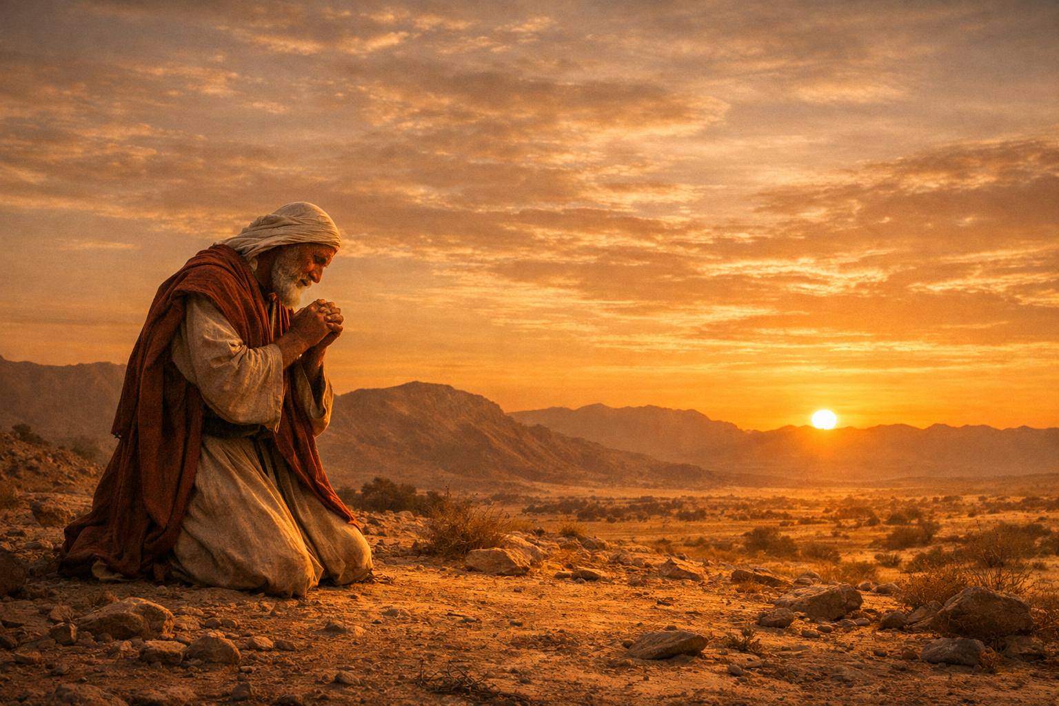 Abraão intercedendo em oração por Sodoma ao entardecer, postura de súplica e reverência, Gênesis 18