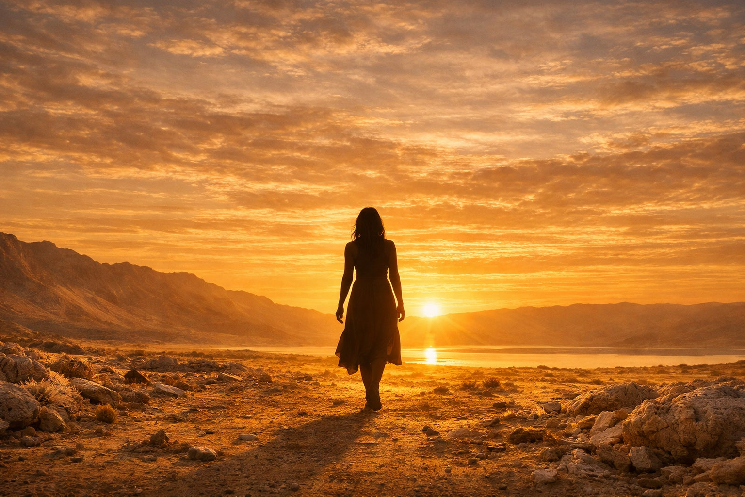 Representação simbólica de mulher avançando em fé no deserto, inspirada na história da esposa de Ló em Gênesis 19