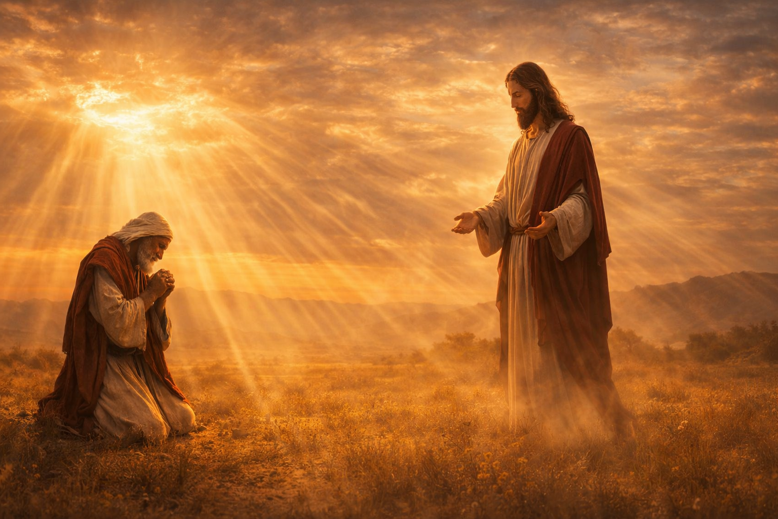 Representação espiritual da oração de intercessão com luz divina, Abraão como modelo de intercessor bíblico