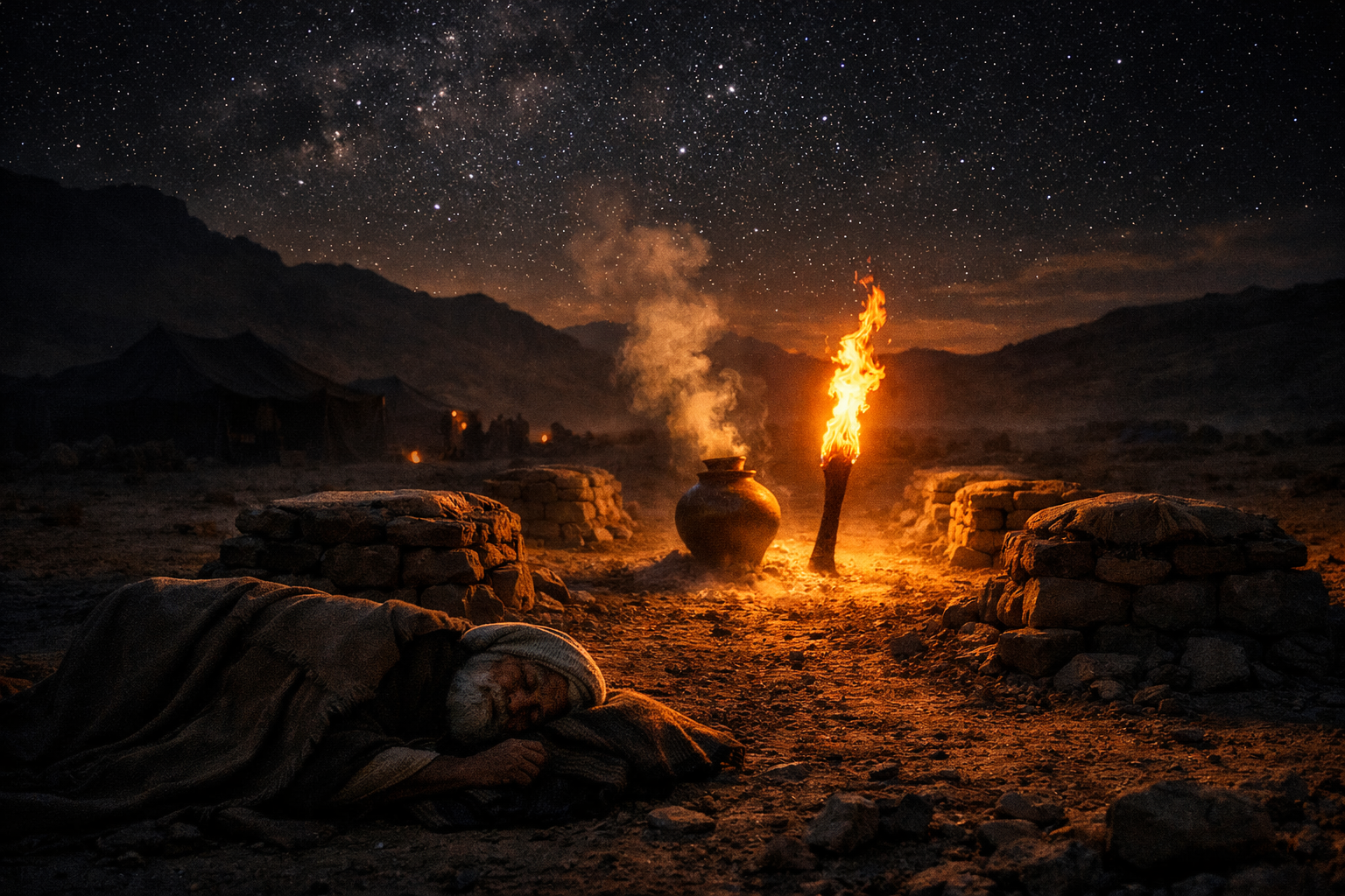 A tocha de fogo passando sozinha entre os animais enquanto Abraão dorme