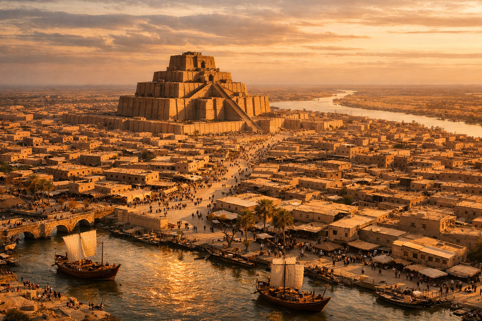 Reconstrução artística da cidade de Ur dos Caldeus, berço de Abraão, com o grande zigurate ao centro