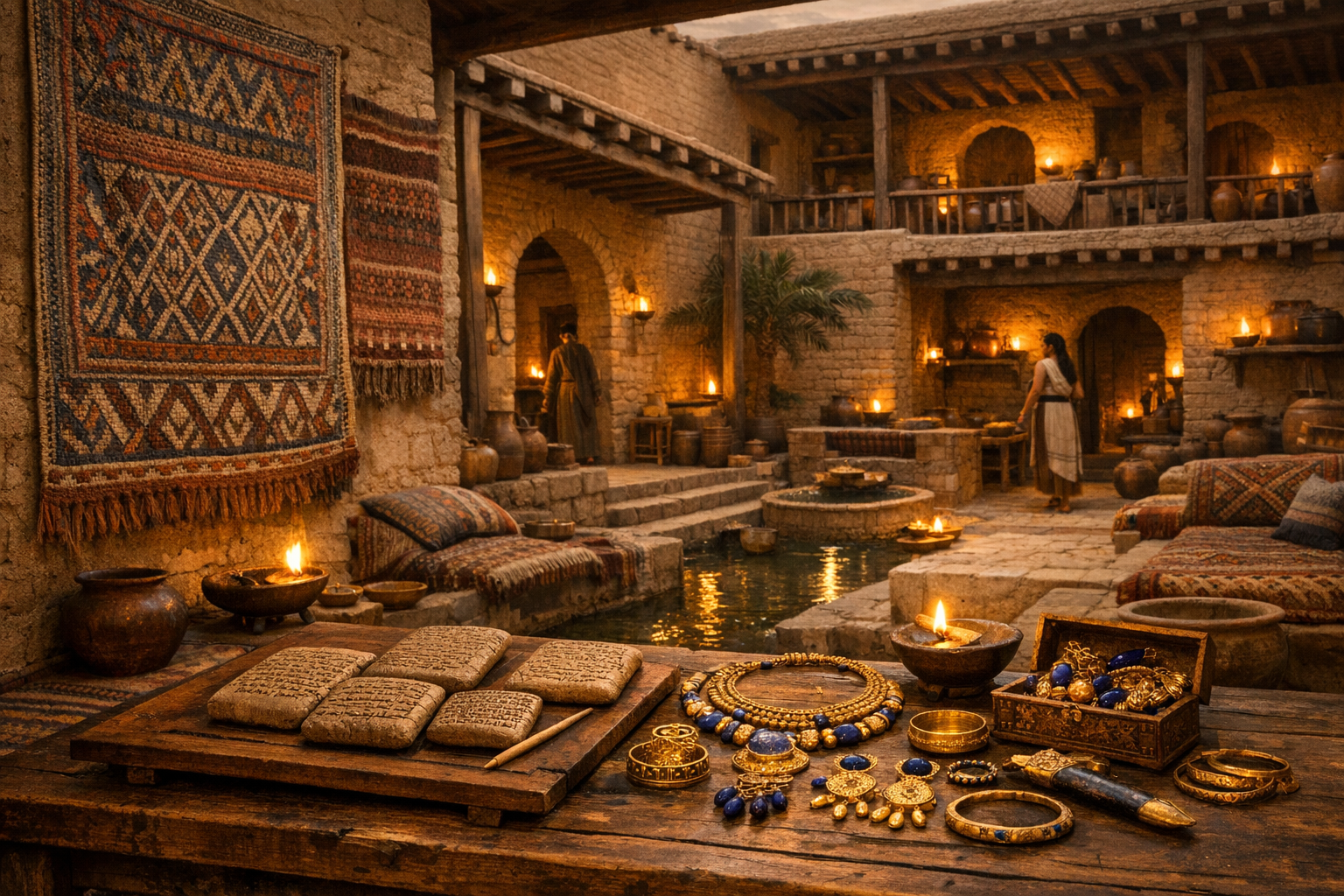 Interior de residência suméria em Ur dos Caldeus com tabuletas de argila e joias de ouro