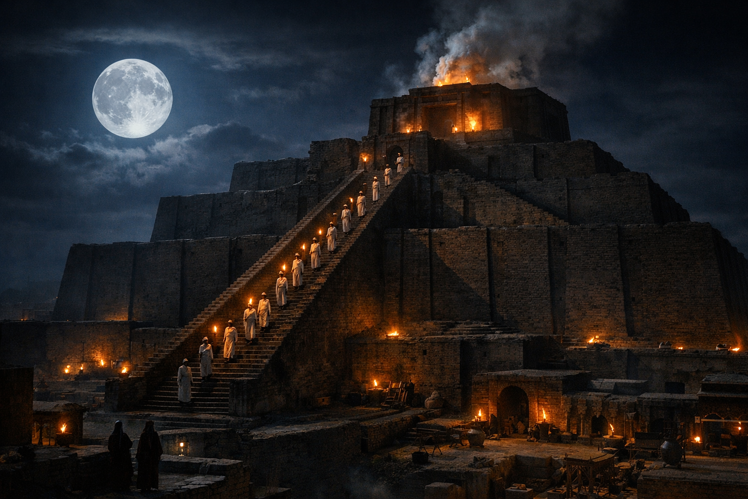 Zigurate de Ur à noite com cerimônias ao deus lua Nanna, idolatria da Mesopotâmia