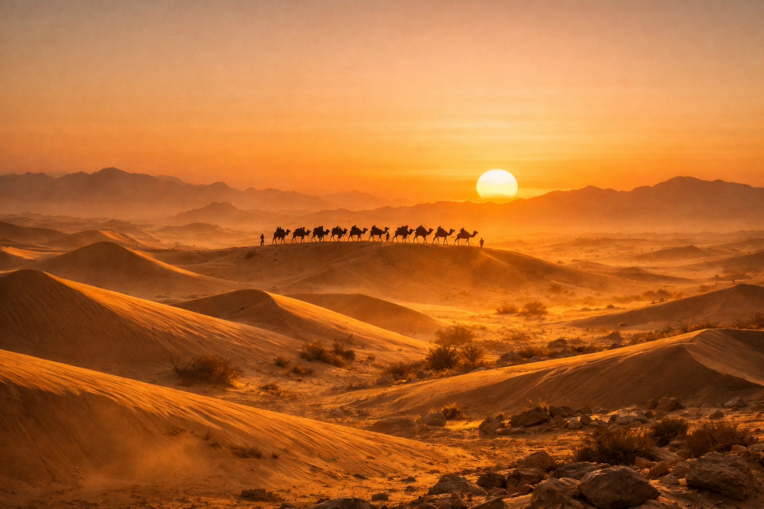 Caravana de camelos no deserto da Península Arábica ao amanhecer, rota comercial dos ismaelitas, história bíblica e arqueológica