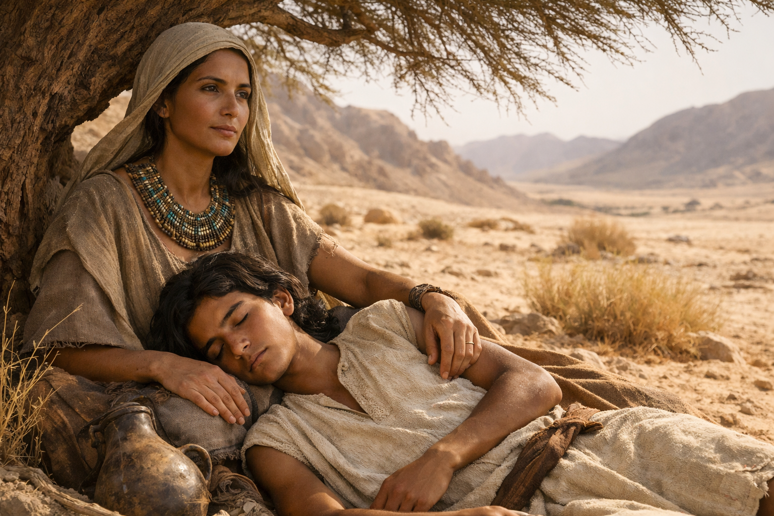 Agar com o bebê Ismael, cena da serva egípcia mãe de Ismael, filho de Abraão, representação bíblica histórica