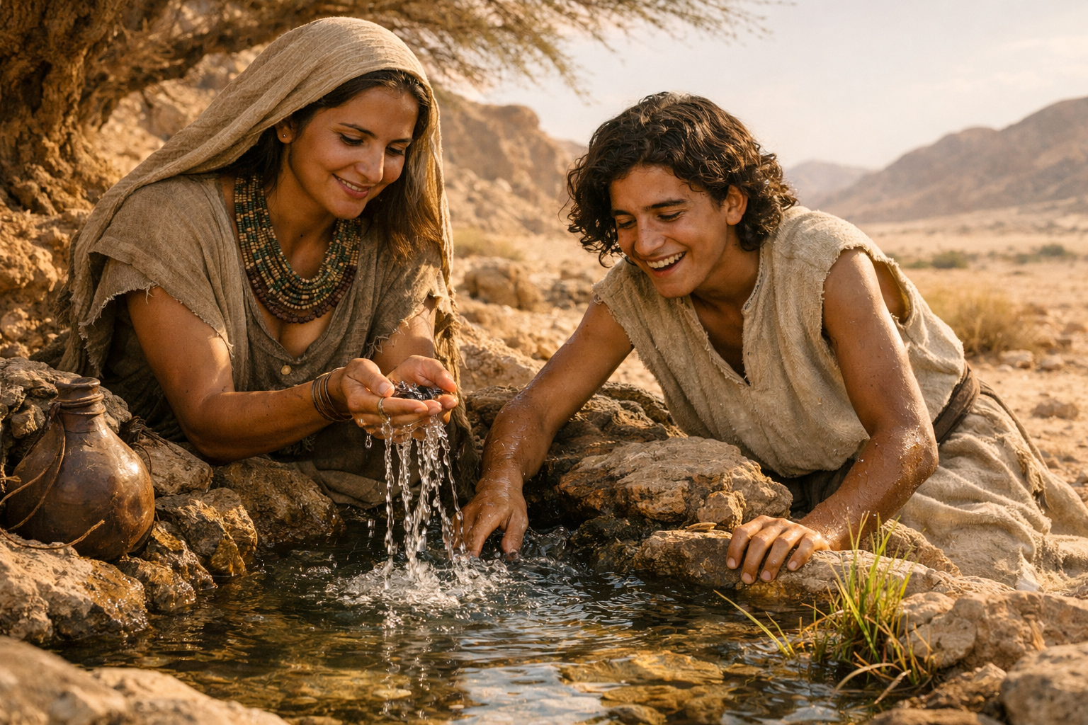 Agar e Ismael no deserto de Berseba sendo socorridos por Deus, Gênesis 21, cena de esperança e cuidado divino