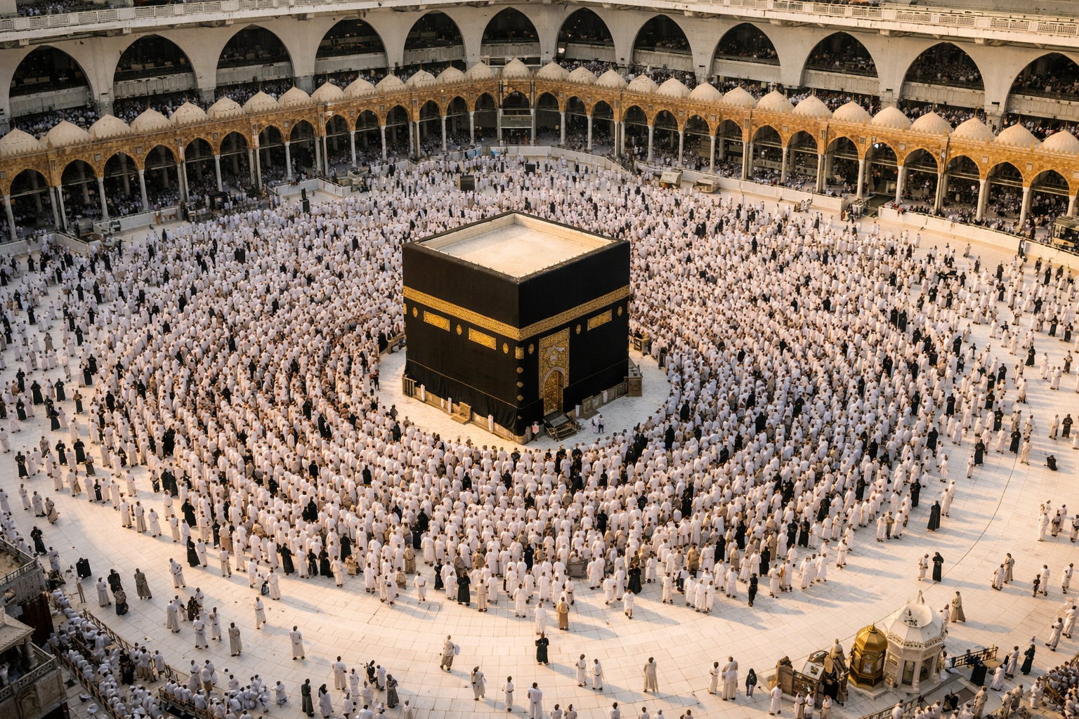 Vista da Caaba em Meca durante o hajj, ligação entre Ismael e o islamismo, tradição islâmica da construção da Caaba por Abraão e Ismael